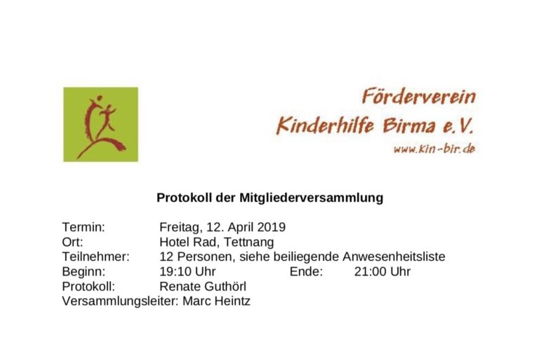 Mitgliederversammlung 2019 - Förderverein Kinderhilfe Birma e.V.